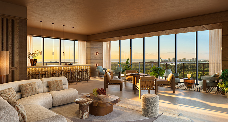 Rooftop Coral Lounge at The William Residences with indoor bar and sculptural lighting by Urban Robot