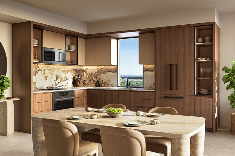 The William Residences kitchen interior with Italkraft tobacco walnut cabinetry, quartz countertops, Bosch appliances, and floor-to-ceiling windows