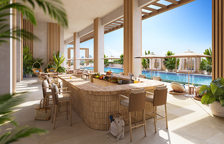 Ninth floor resort-style pool deck at The William Residences with outdoor bar and landscaped seating