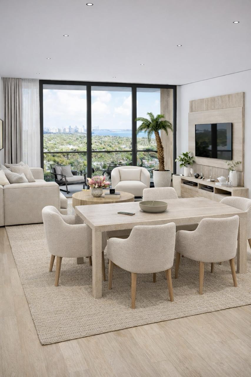 Open kitchen-dining-living great room in a Bayshore Point three-bedroom residence