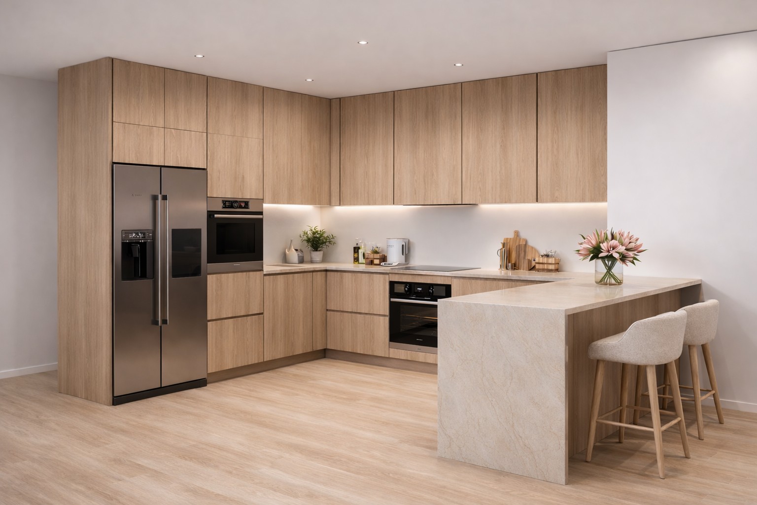 Bayshore Point kitchen with stainless GE appliances, integrated island, and open layout to the dining and living area