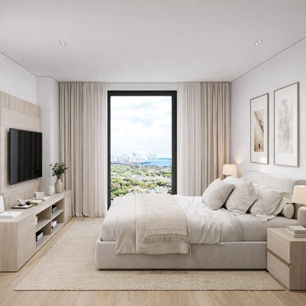 Primary bedroom at Bayshore Point with contemporary finishes and natural light in Miami's Upper East Side