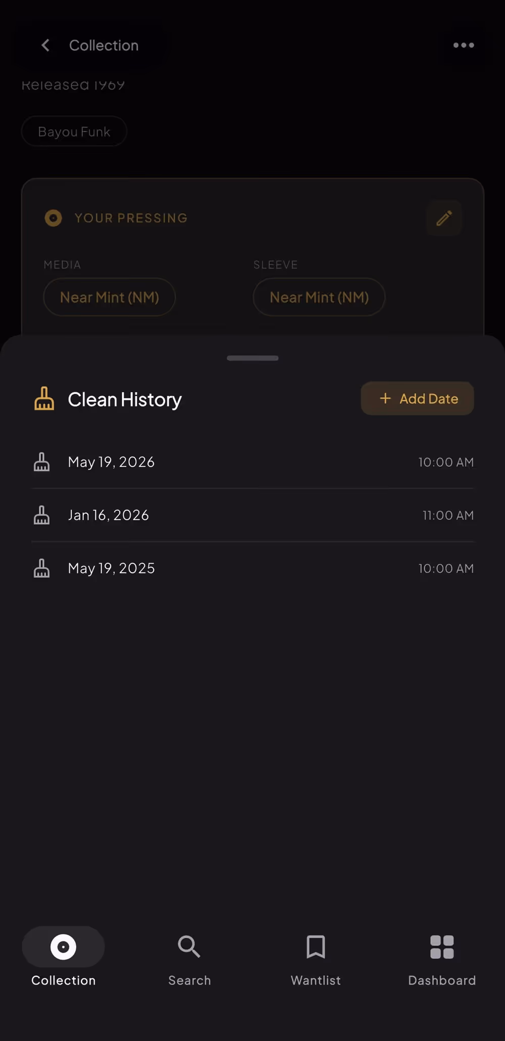 Groovv app showing a vinyl record's cleaning history log with timestamps