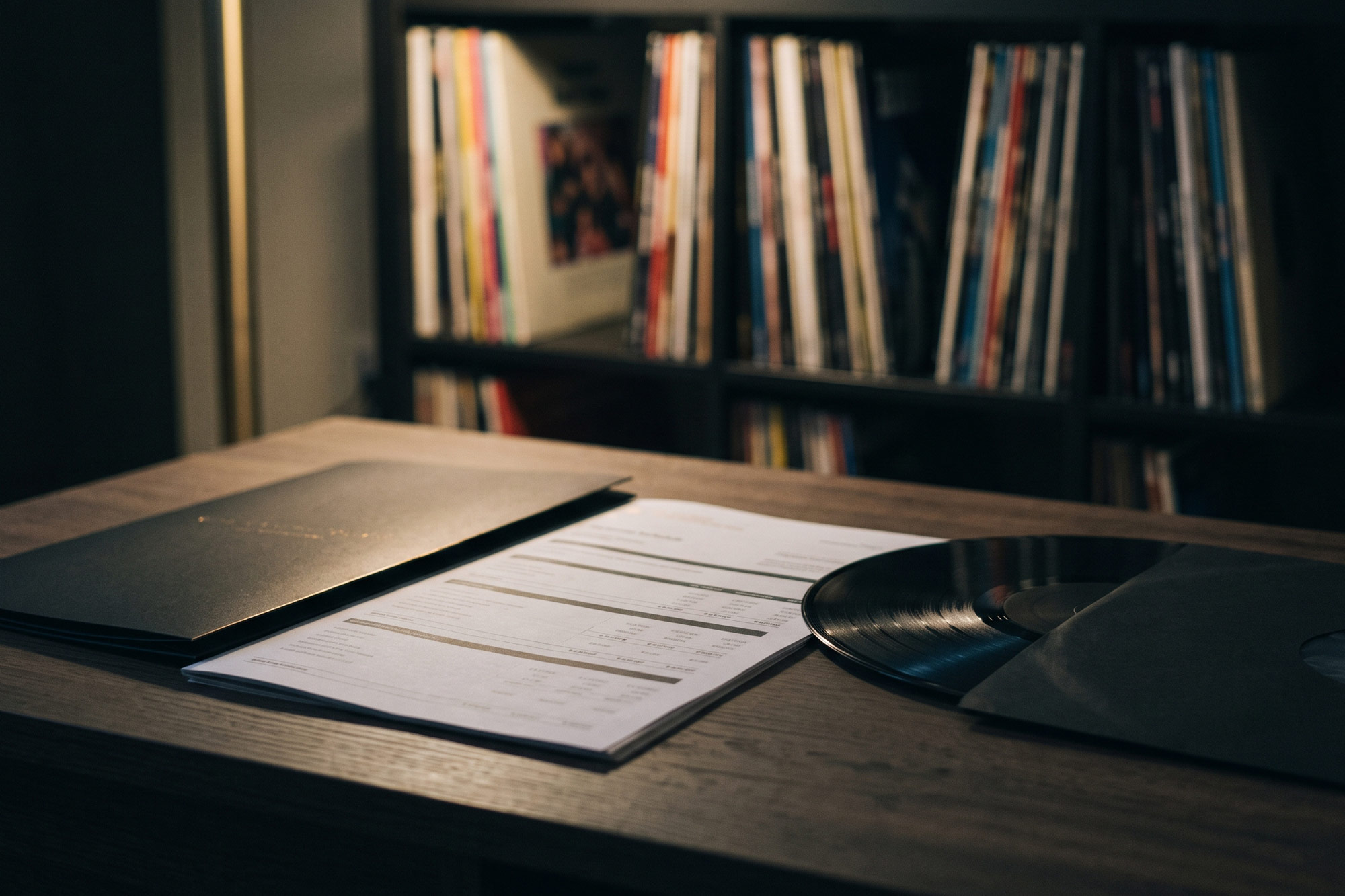 Vinyl record collection on shelves with a printed collection report