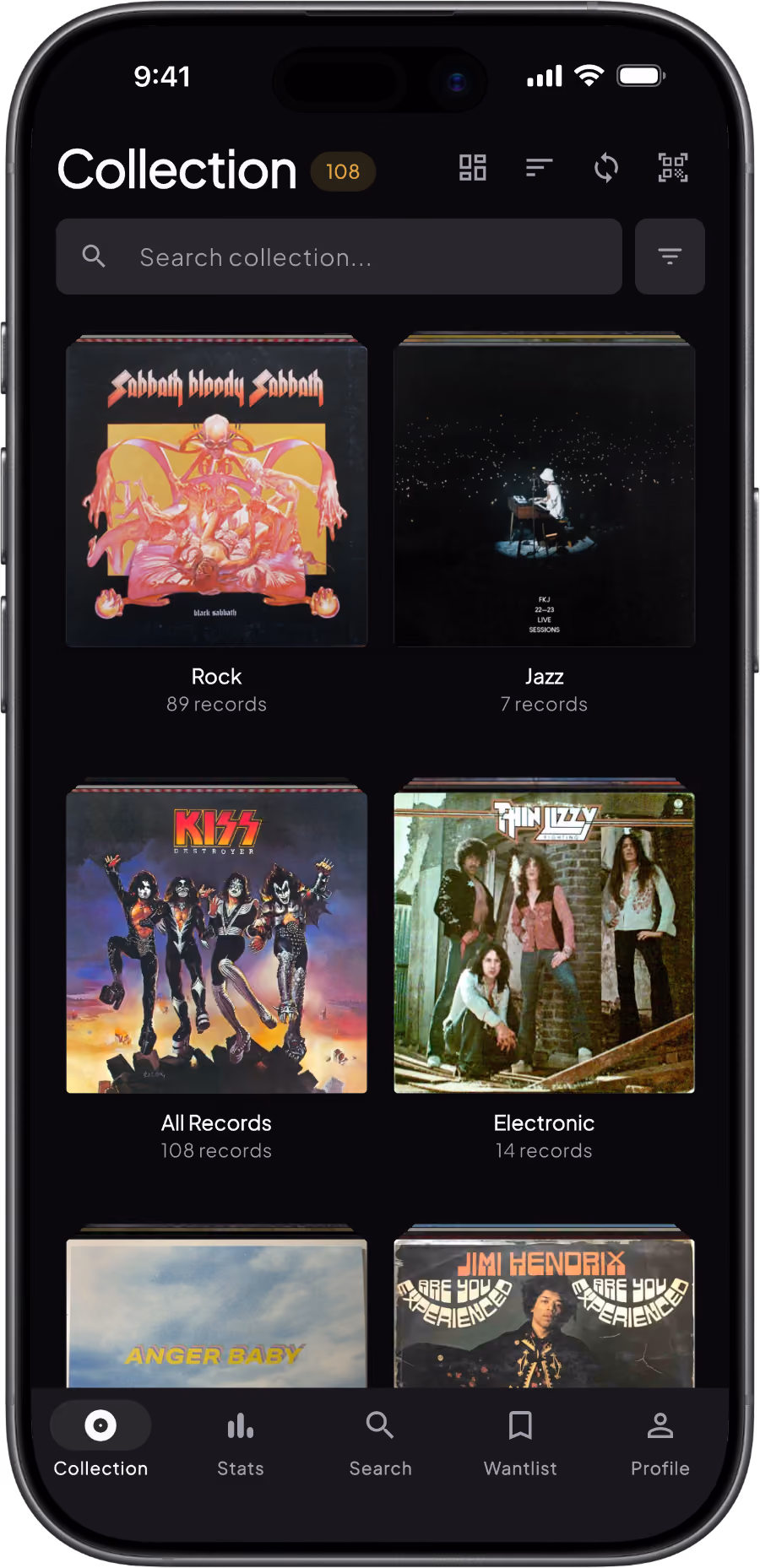 Groovv Crate Gallery view showing a vinyl collection as a grid of genre crates on iPhone