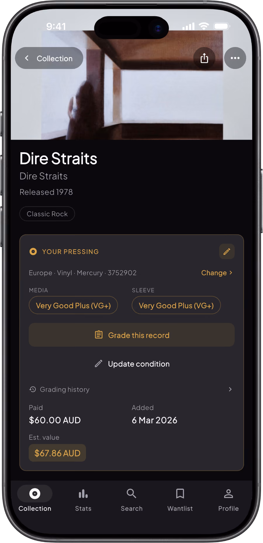 Record detail in Groovv showing the estimated value for a graded pressing