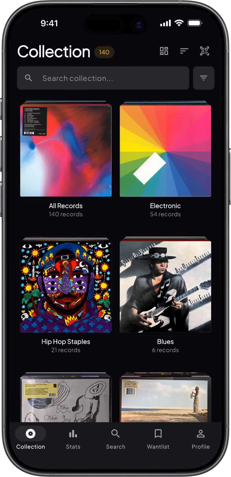 Groovv vinyl collection app on iPhone showing a record collection sorted into genre crates