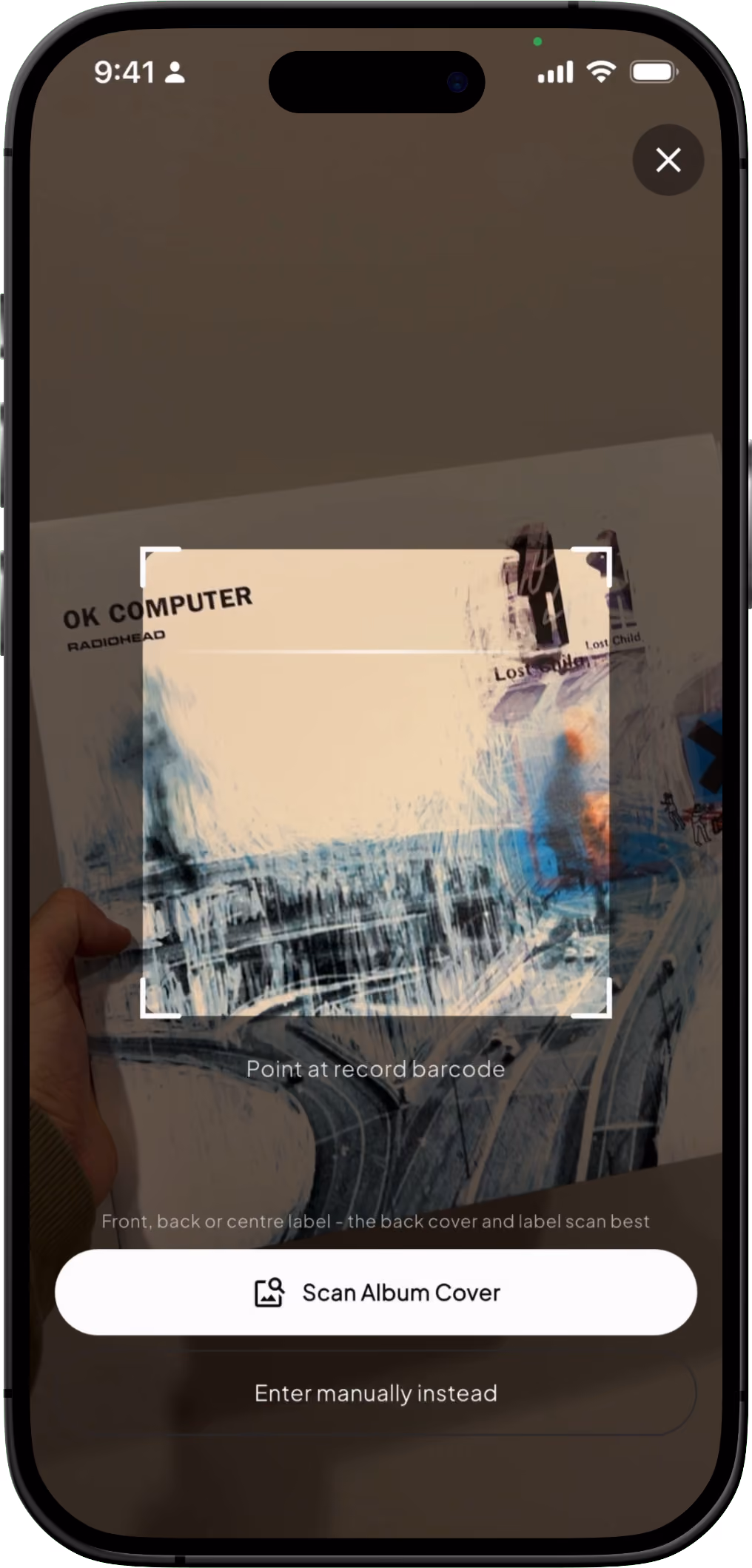 Groovv app open on the barcode scanner screen ready to scan a vinyl record