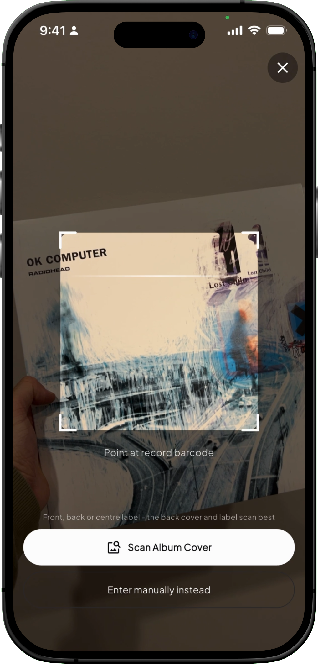 Groovv app open on the barcode scanner screen ready to scan a vinyl record