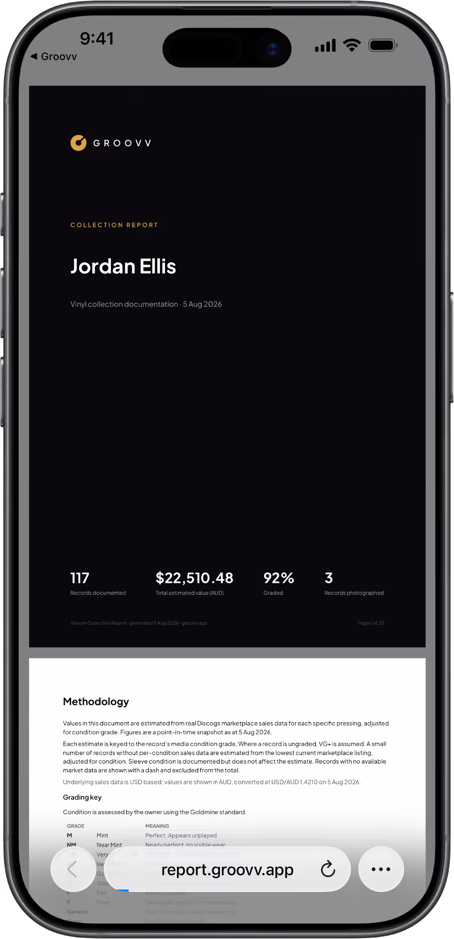 Groovv Collection Report PDF showing the itemised schedule of a vinyl collection with pressing details, condition grades and estimated values
