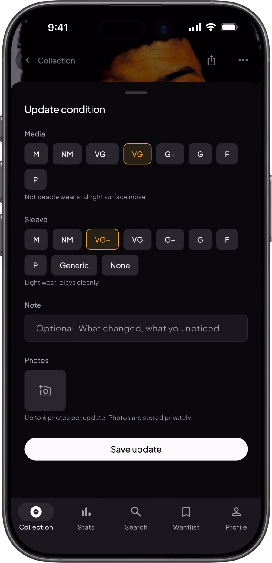 Groovv Grading Assistant with Goldmine grade options and condition photos attached to a record