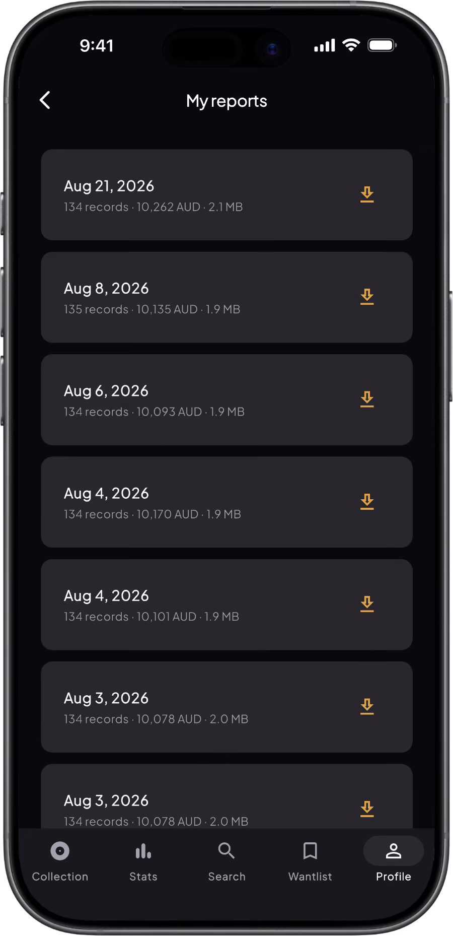 My Reports list in Groovv showing a generated Collection Report ready to download
