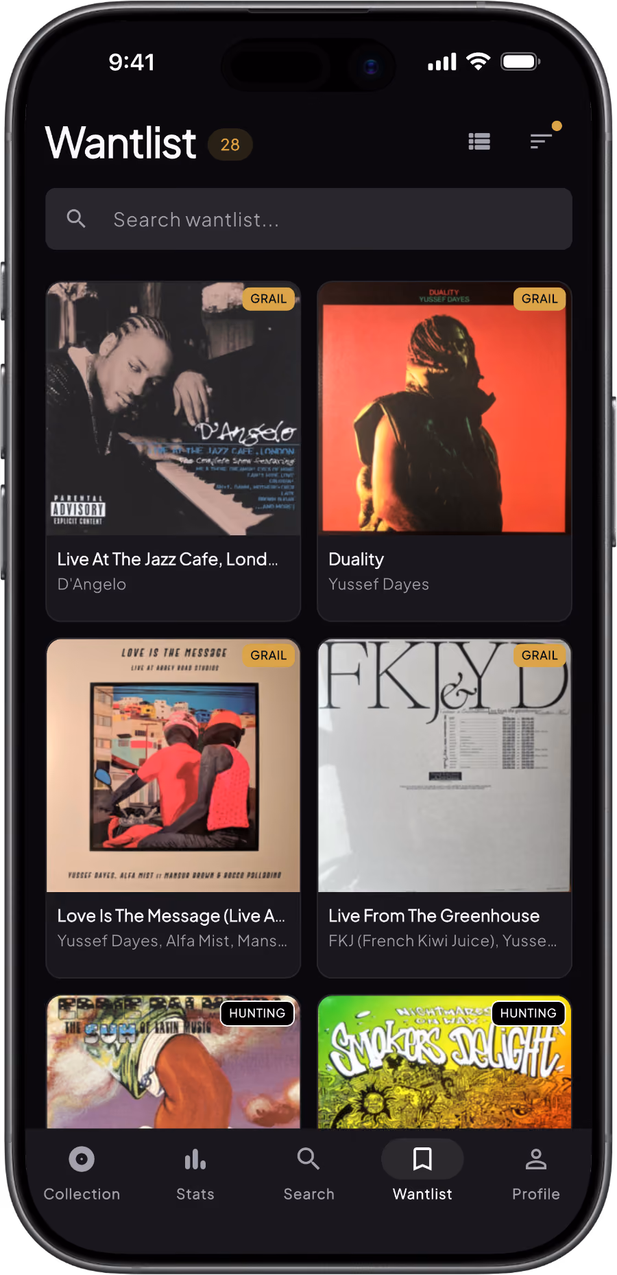 Groovv Wantlist grid showing wanted vinyl records with gold Grail and black Hunting priority badges