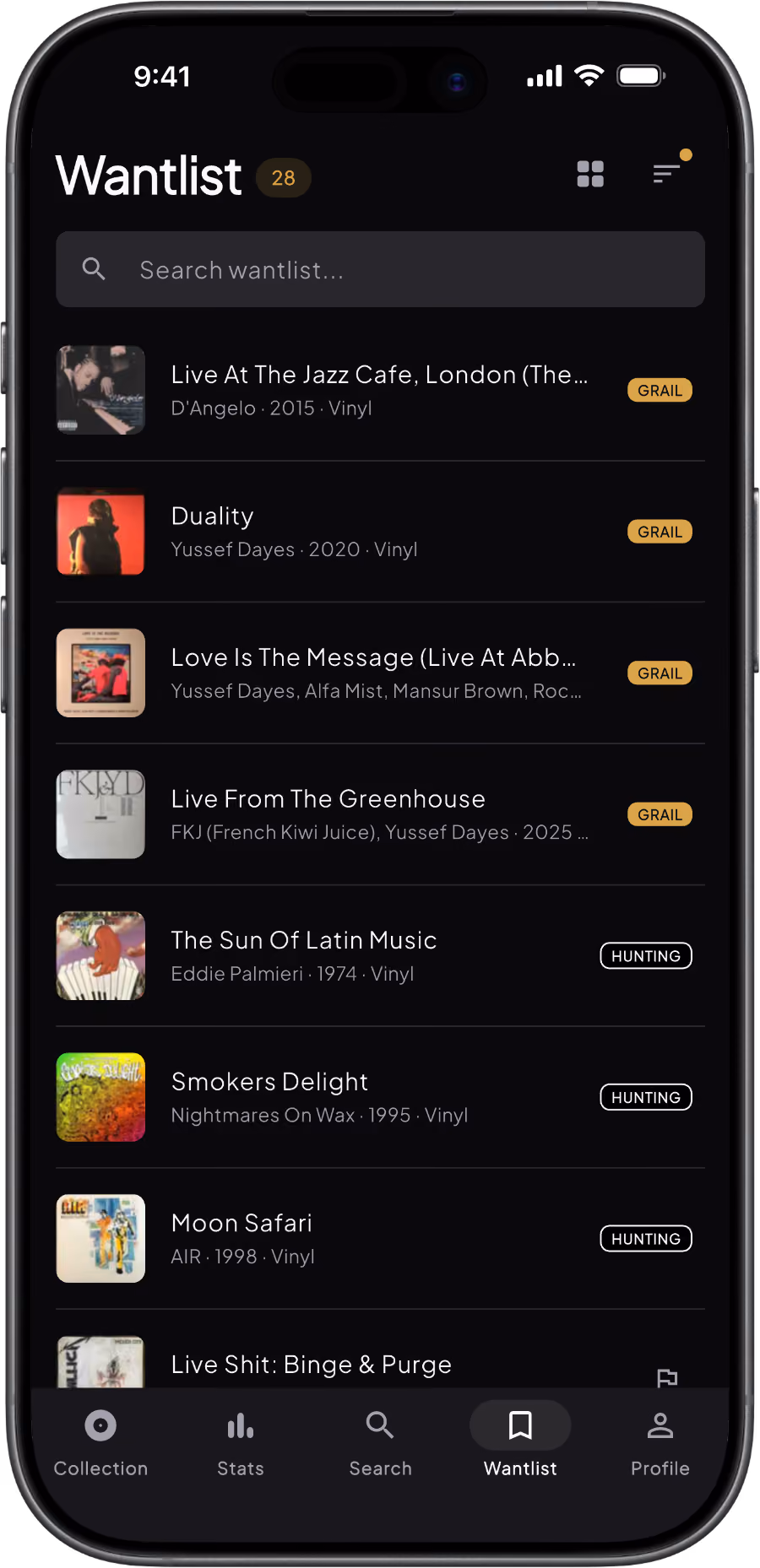Groovv Wantlist open on a phone while flipping through records in a shop