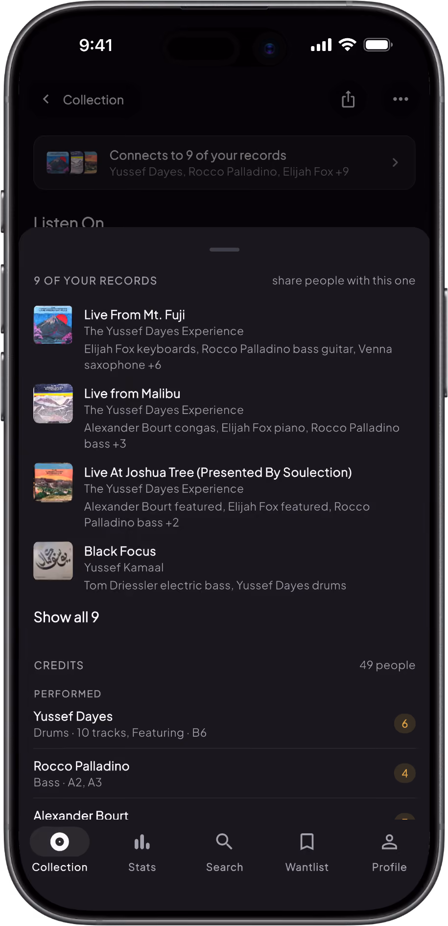 Groovv record page on iPhone showing the Credits row and a Connects to 9 of your records line