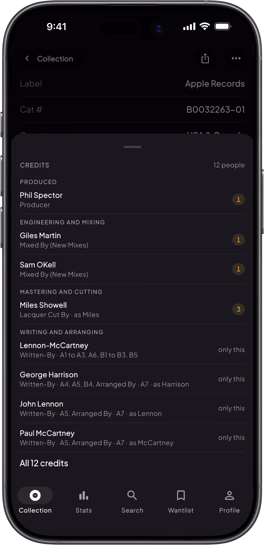 Credits on a Groovv record page grouped by role, with gold counts next to each name