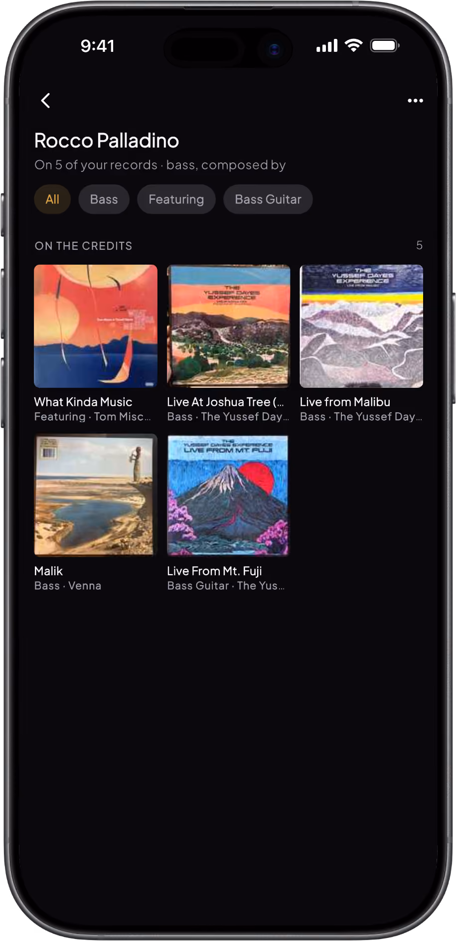 A person page in Groovv listing the collector's records that a producer worked on