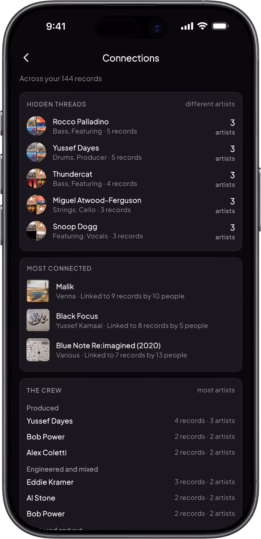 The Groovv Connections screen showing the most connected records and recurring crew