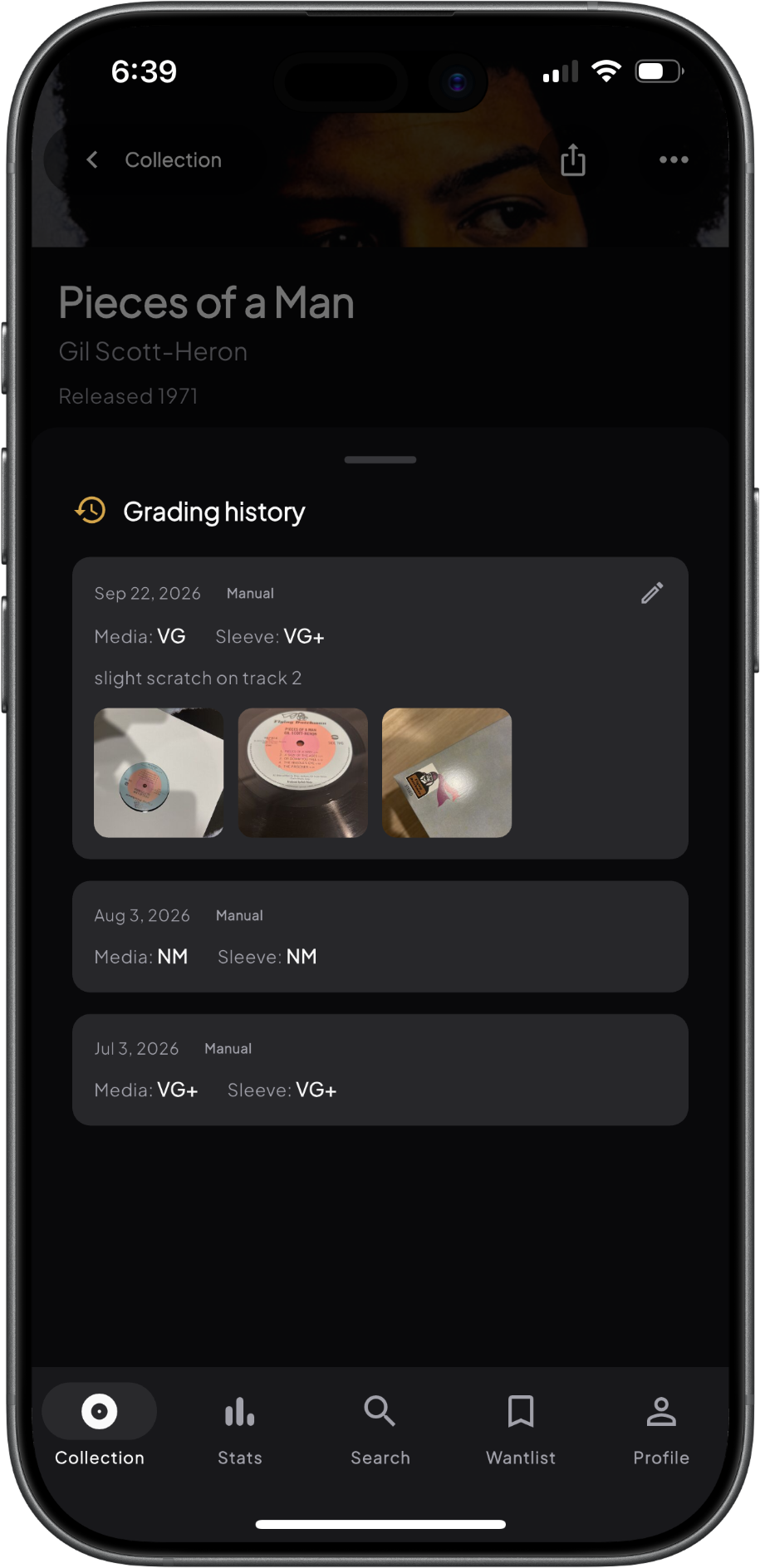 Groovv grading history showing a vinyl record regraded after cleaning