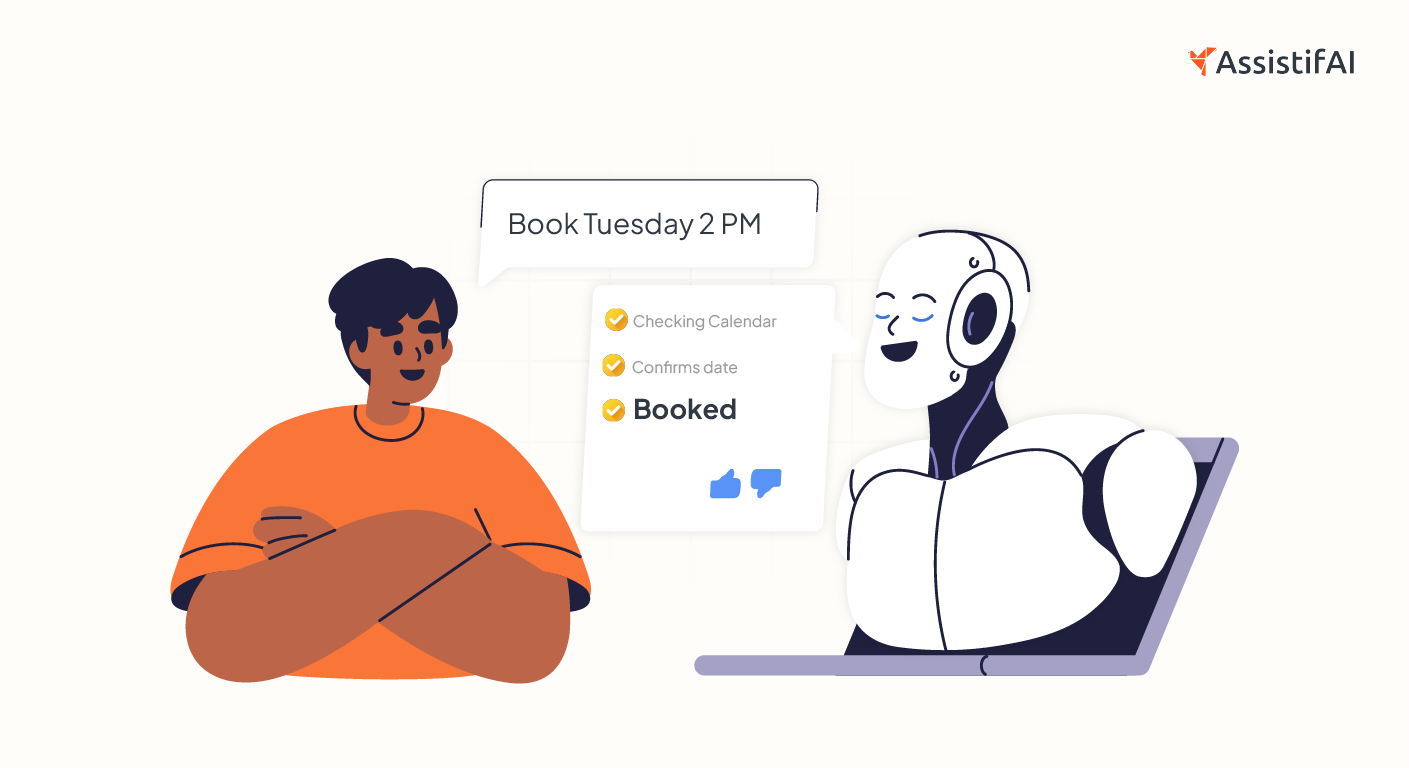  Conversational flow showing how an AI scheduling assistant understands a booking request, checks availability, and confirms the appointment automatically.