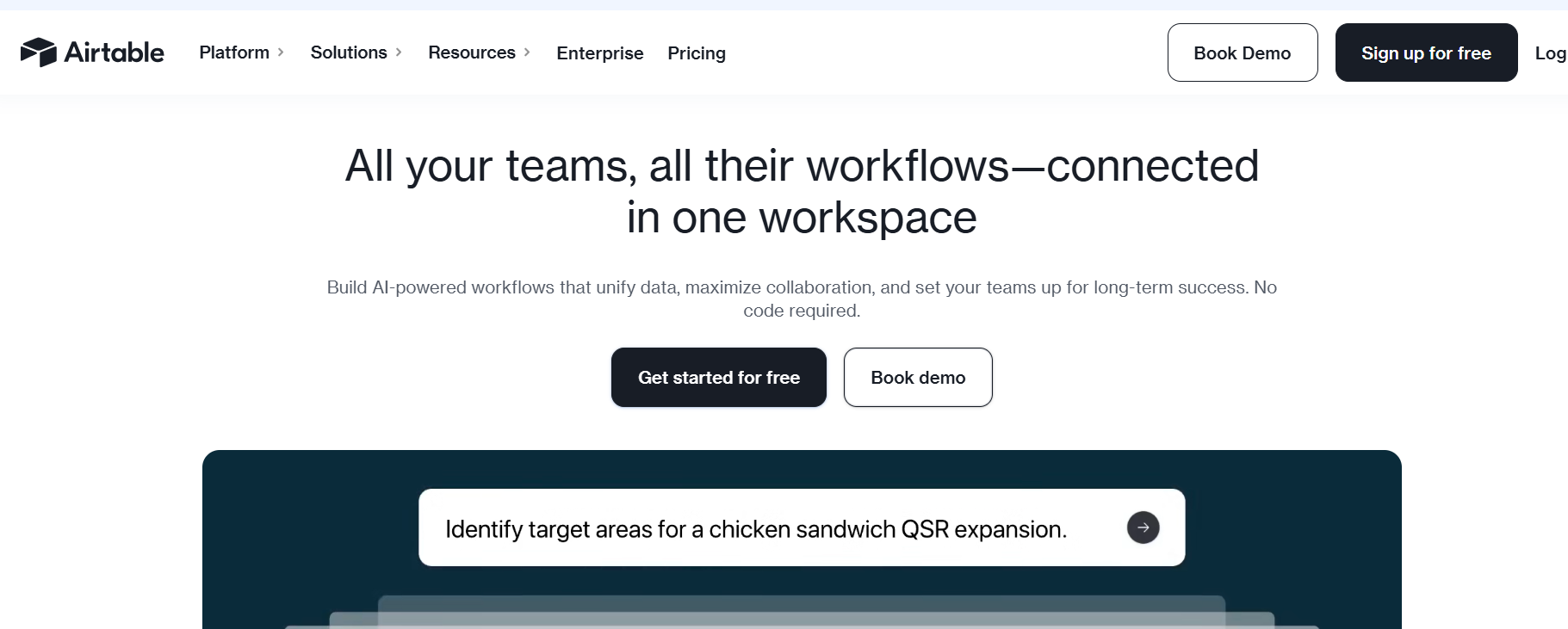 An image showing the homepage of Airtable.