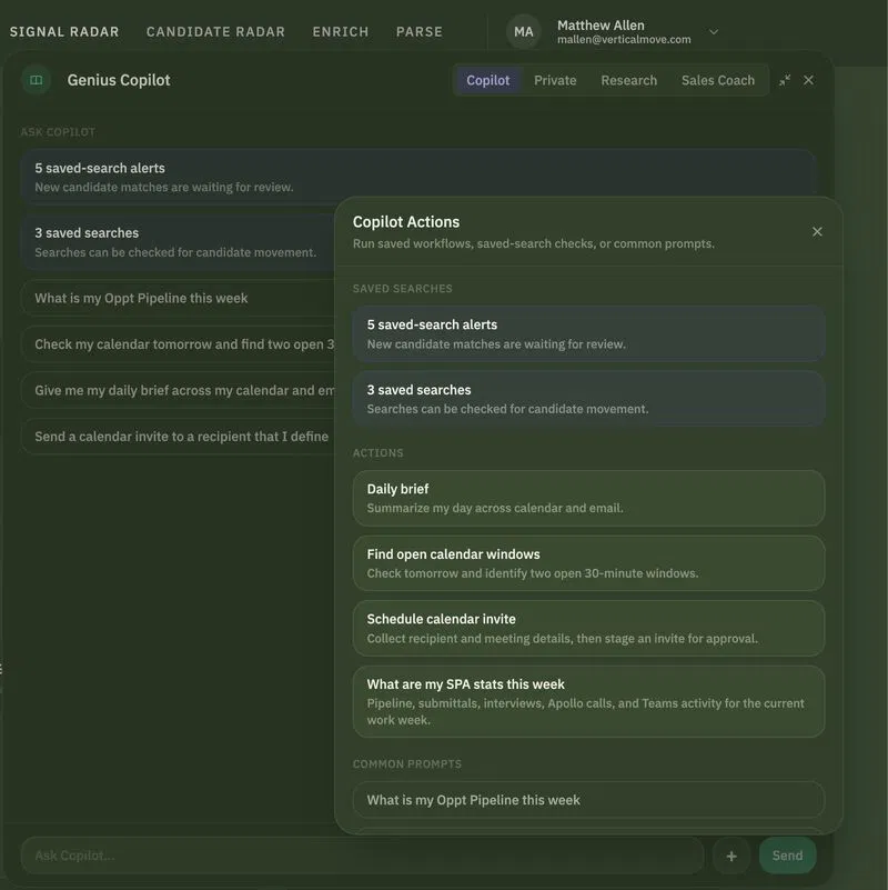 Genius Copilot showing saved search alerts and one-line actions