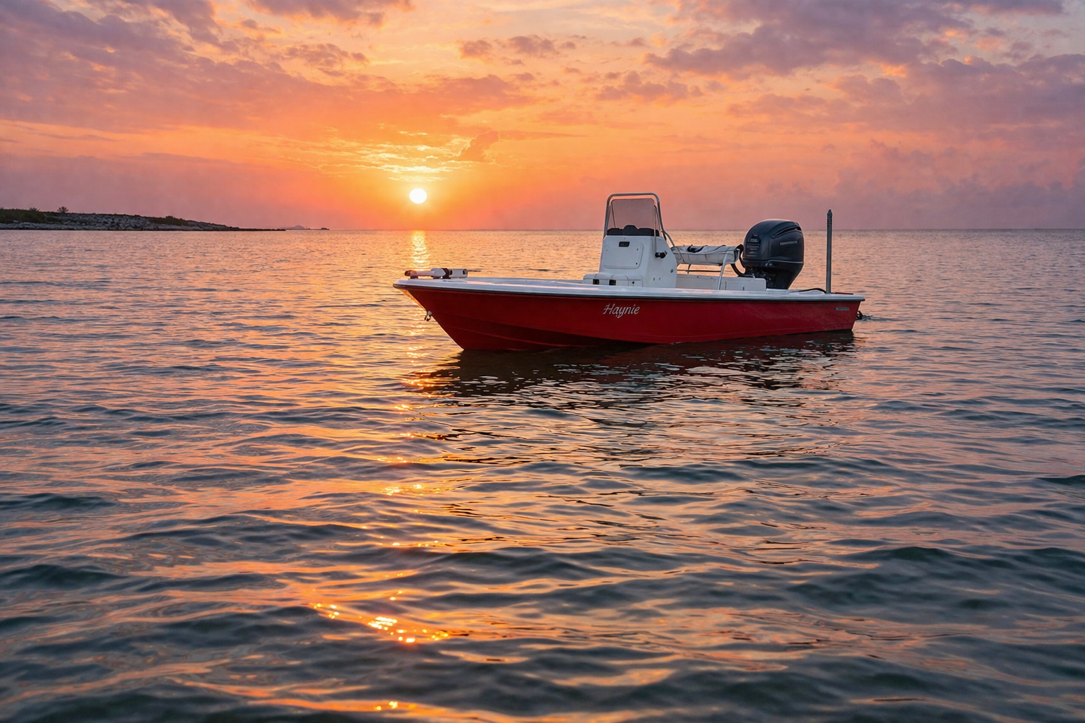 Red Haynie Bayboat floating on the bay during sun set