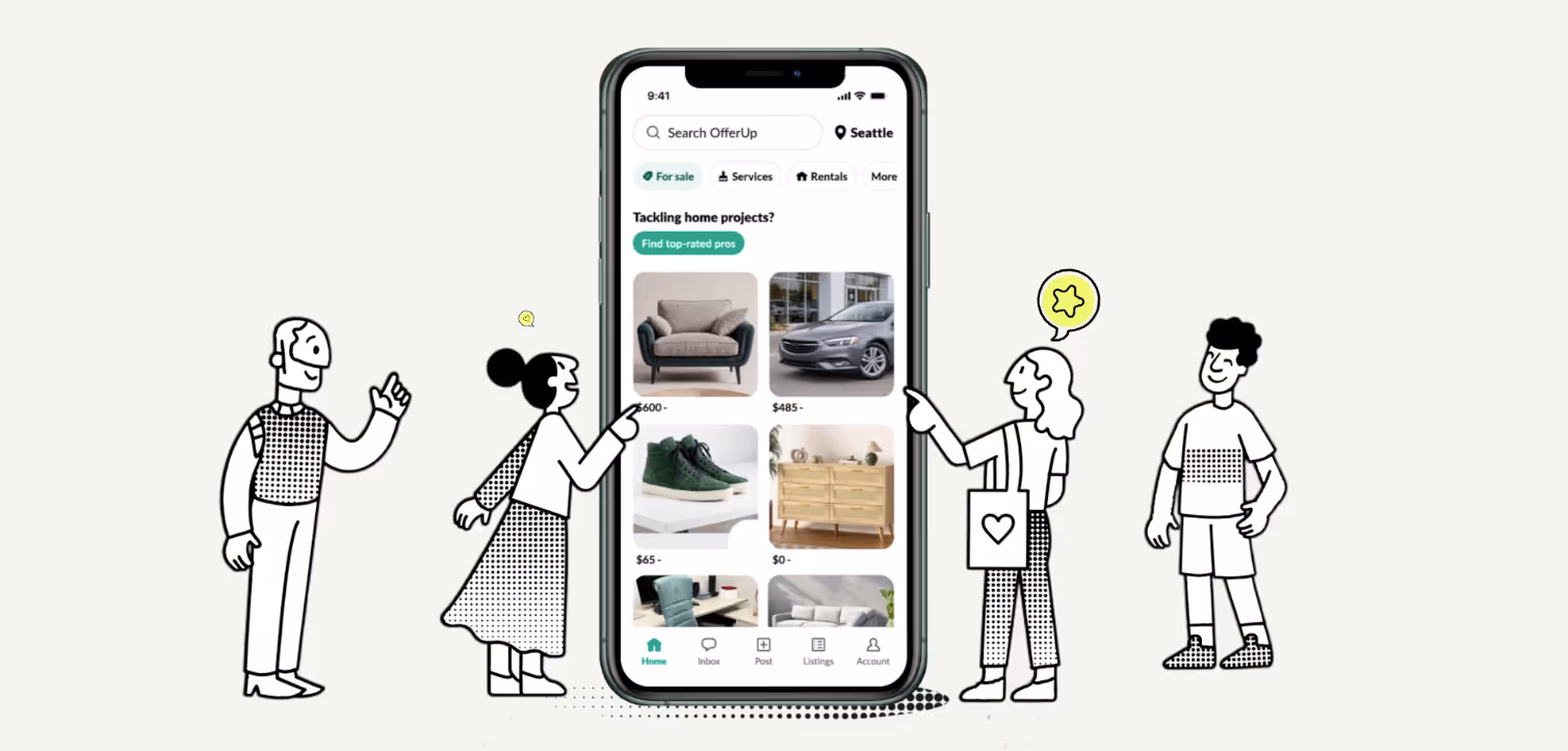 Illustrated buyers scrolling through OfferUp marketplace app