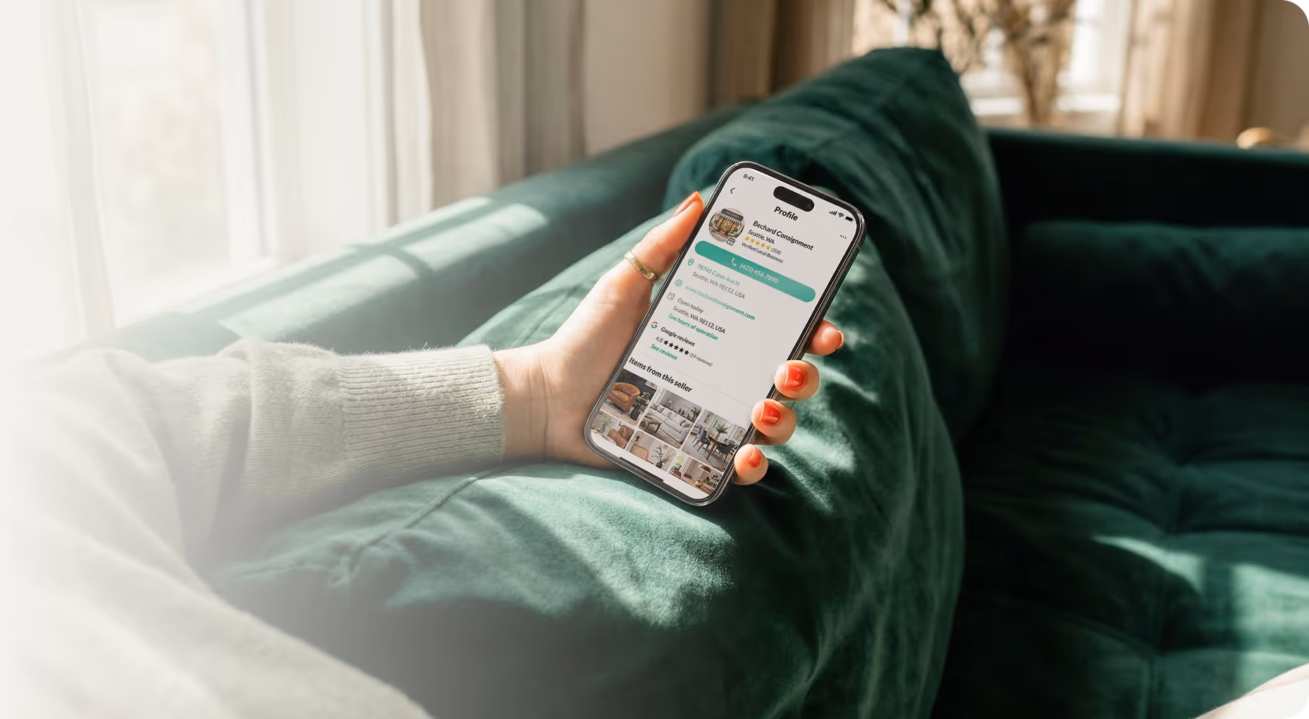Person looking at OfferUp on green couch
