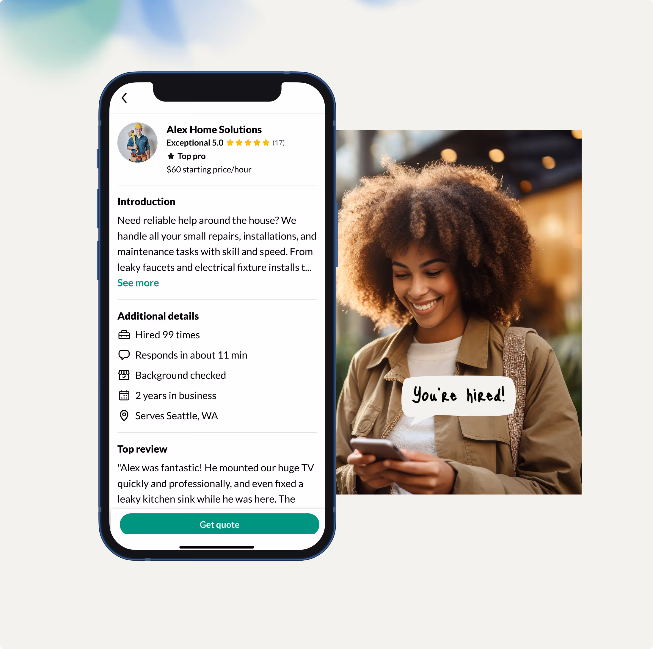 OfferUp Services listing UI and lifestyle image of service pro looking at her phone