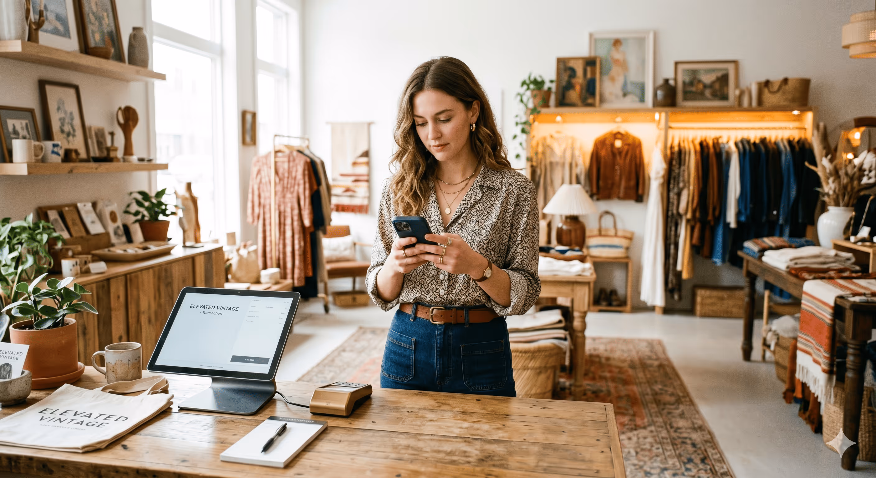 Vintage shop owner texting customer on phone in her store