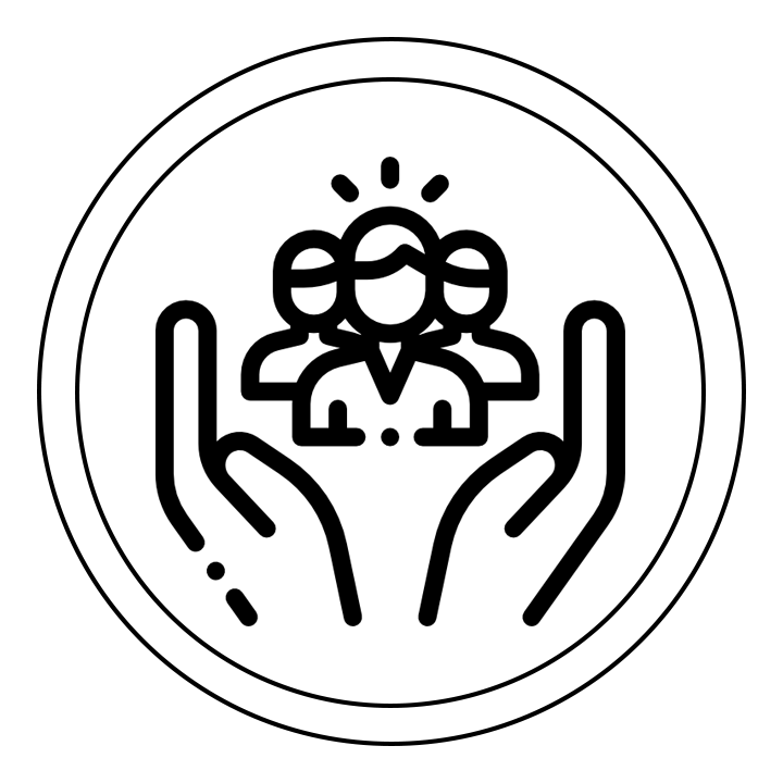 Black and white hands holding up three people icon