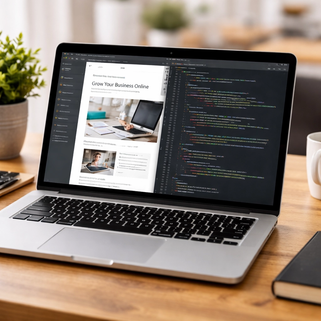 Website maintenance and updates with code on laptop screen