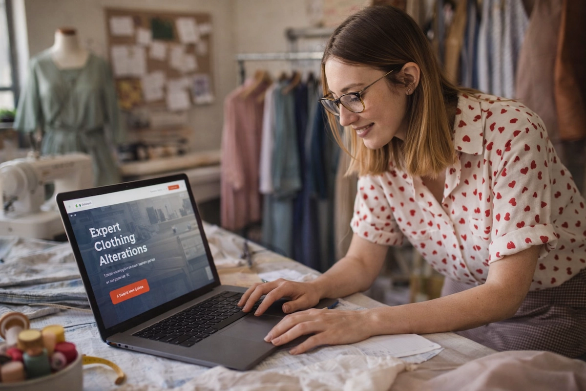Person working on a laptop designing a website for a small business