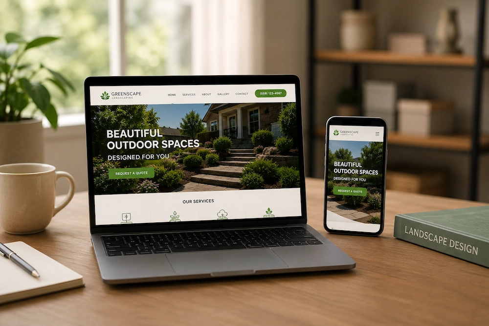 A custom lawn care website is displayed in a laptop screen and on a mobile phone.