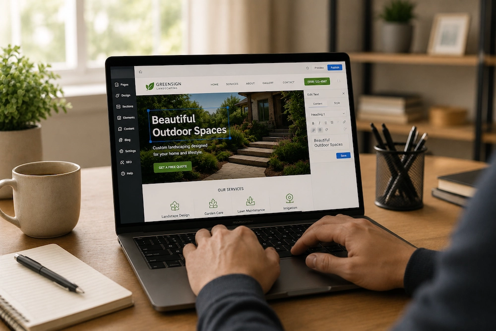 A man is using a laptop to update a lawncare business.