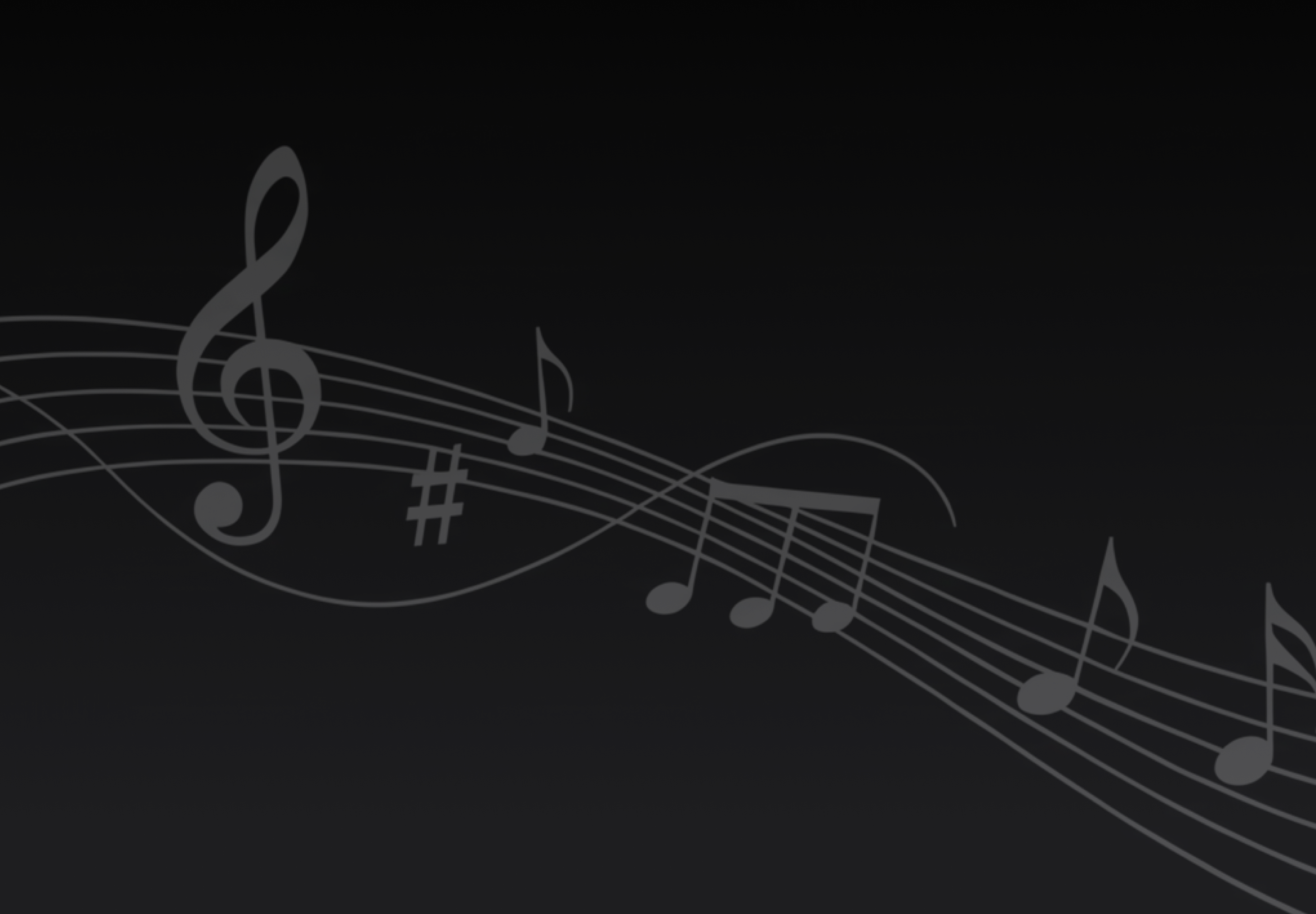 Gray musical notes and symbols flowing on staff lines against a dark background.