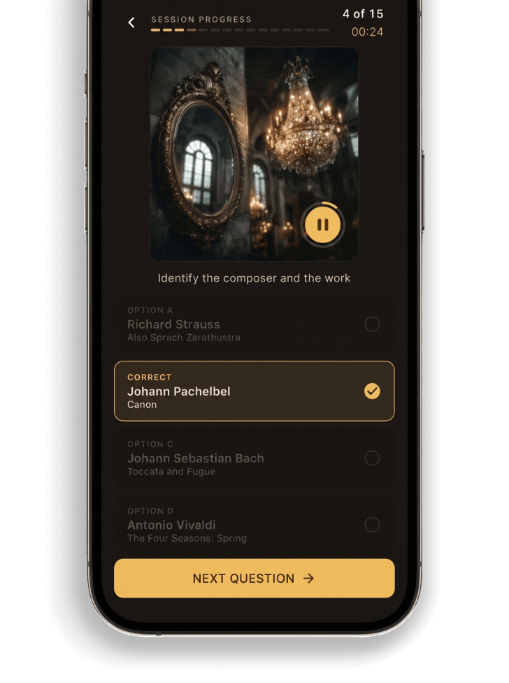 Listening quiz in Virtuoso — recognize classical music by ear, from famous melodies to deeper cuts
