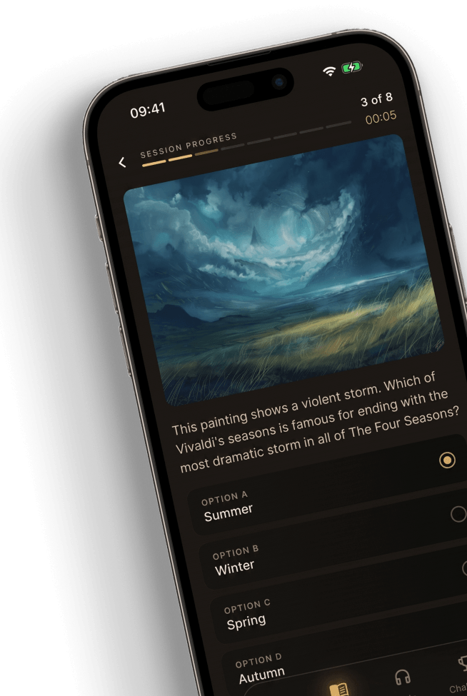 Advanced quiz in Virtuoso — testing knowledge of styles, composers, and connections in classical music