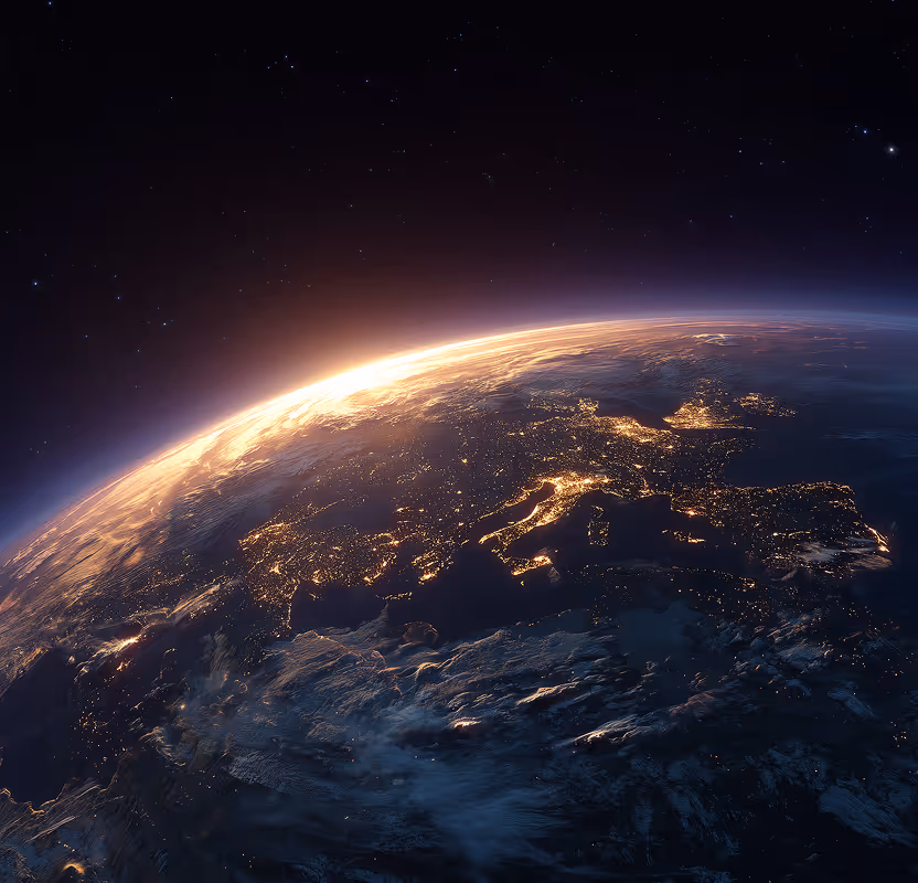 Planet Earth from space showing city lights, representing 105+ countries served by Abilene Solutions