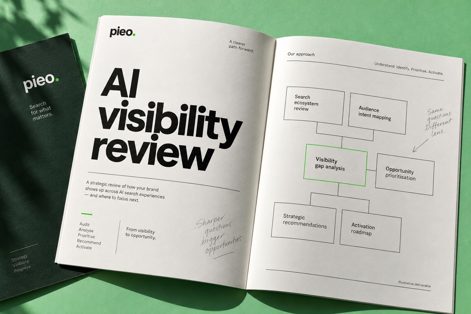 Illustrative Pieo AI visibility review, shown as a printed report