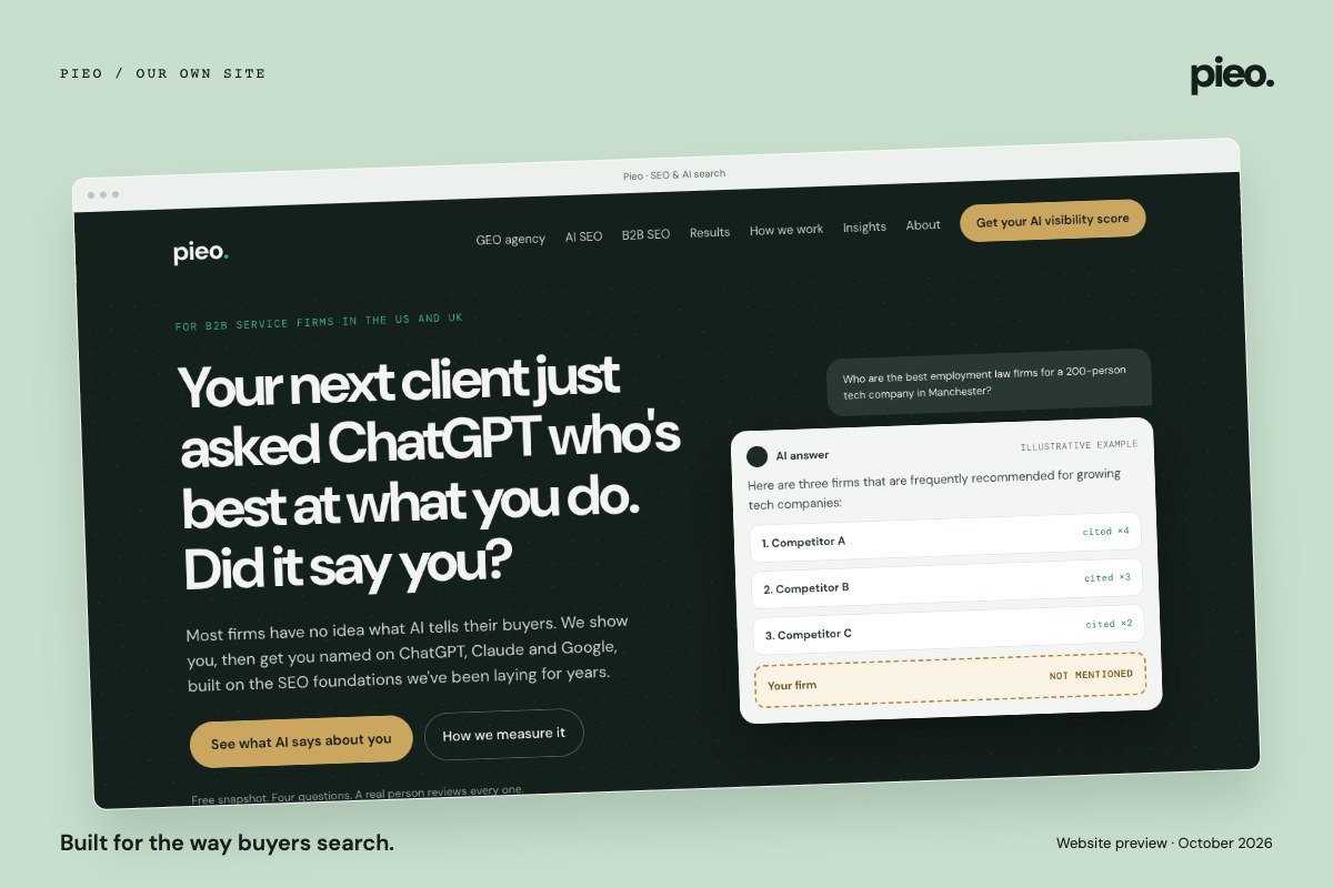 The redesigned Pieo website, shown in a browser frame