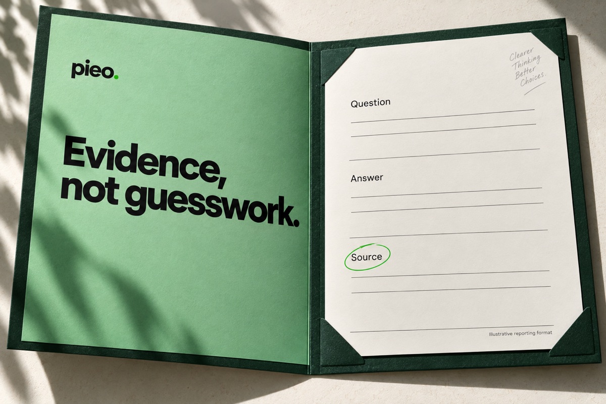 Illustrative Pieo evidence folder connecting each question, answer and source
