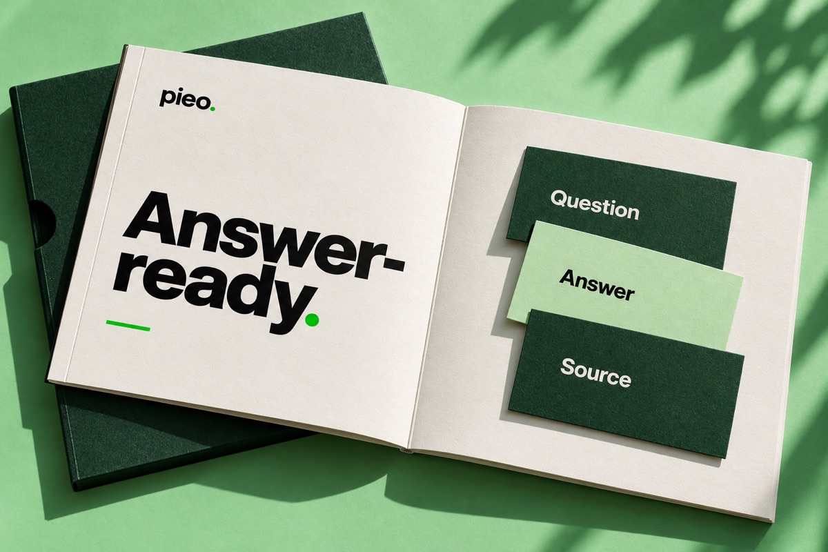 Illustrative Pieo Answer-ready folio with question, answer and source cards
