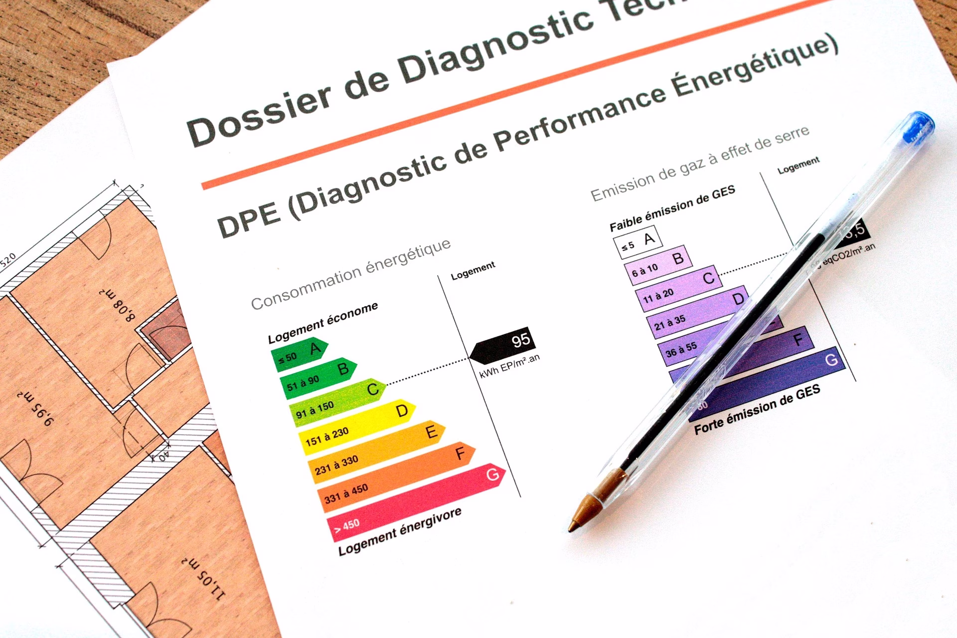 Document de diagnostic énergétique montrant consommation d'énergie et émissions de gaz avec un stylo et plans.