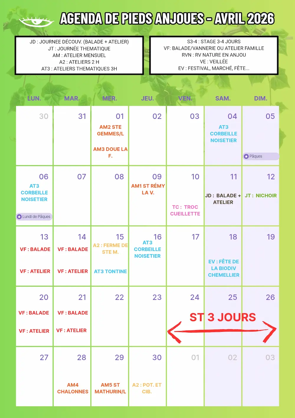 Calendrier des stages vannerie et ateliers d'avril 2026