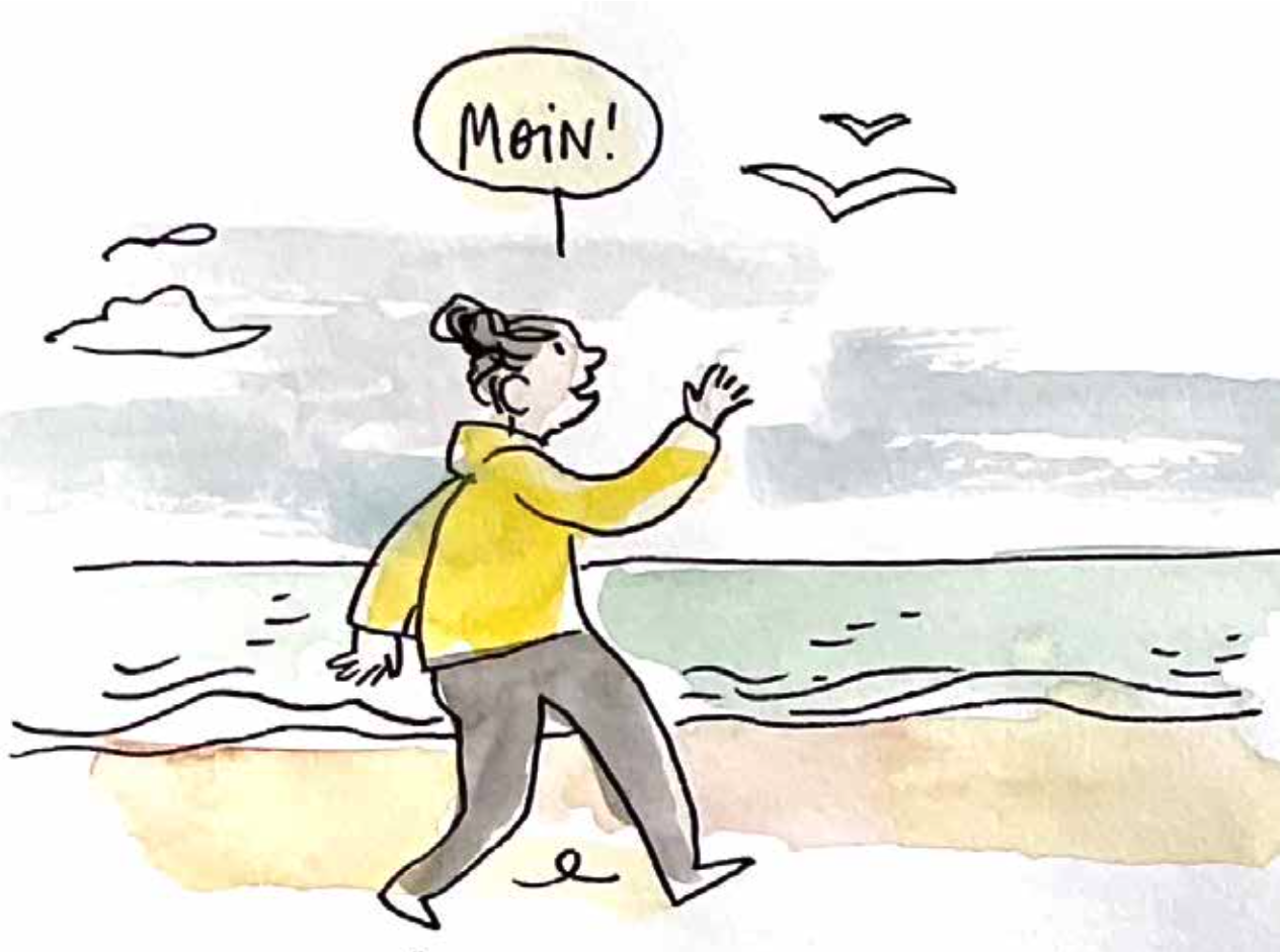 Zeichnung einer Person, die am Strand lang läuft und Richtung Wellen udn darüber fliegenden Möwen winkt und "Moin!" sagt.