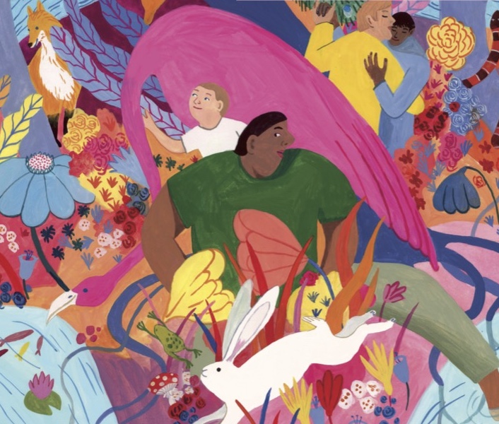 Auf dem Auschnitt aus dem Buchcover von Lebendig Sein begegnen sich verschiedene bunte Lebewesen. Flüsse fließen, Bäume wachsen, Menschen grüßen, Füchse lauschen und Hasen springen und alle sind miteinander verbunden.