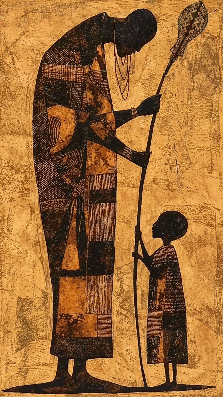 Birth Right Künstlens unbekannt
Eine stehende erwachsene Person links einem Kind rechts zugewandt. Das Kind ist der erwachsenen Person auch zugewandt.