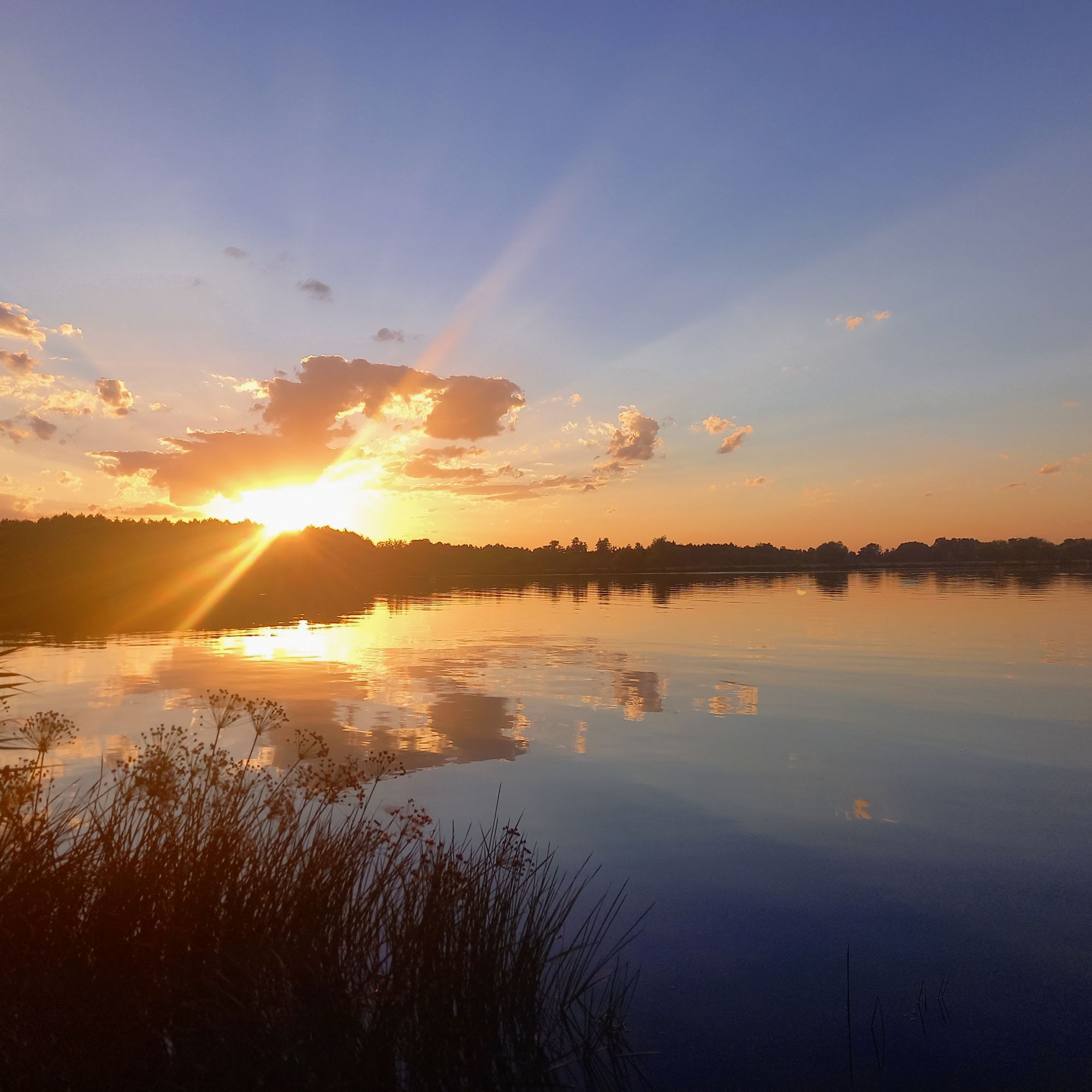 Wasserfläche, Sonnenuntergang dahinter, Silhouette von Land hinter dem Wasser
